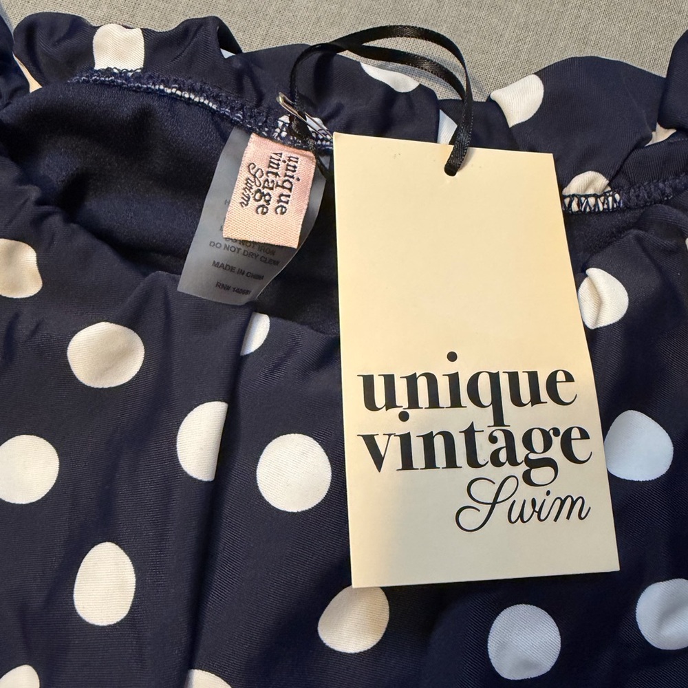 Unique Vintage Ramona Ruffled Swim Bikini Top Polka Dot Navy - Picture 4 of 5